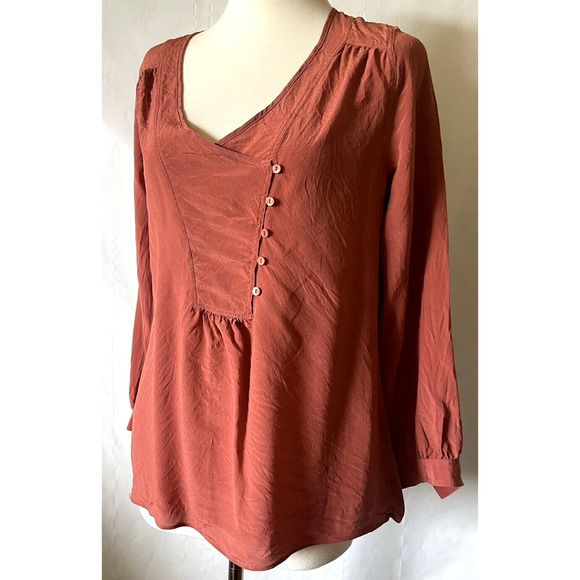 Anthropologie Lil Slung 100% Silk Blouse Rust Orange Peasant Top Buttons Sz 10 - Picture 1 of 10
